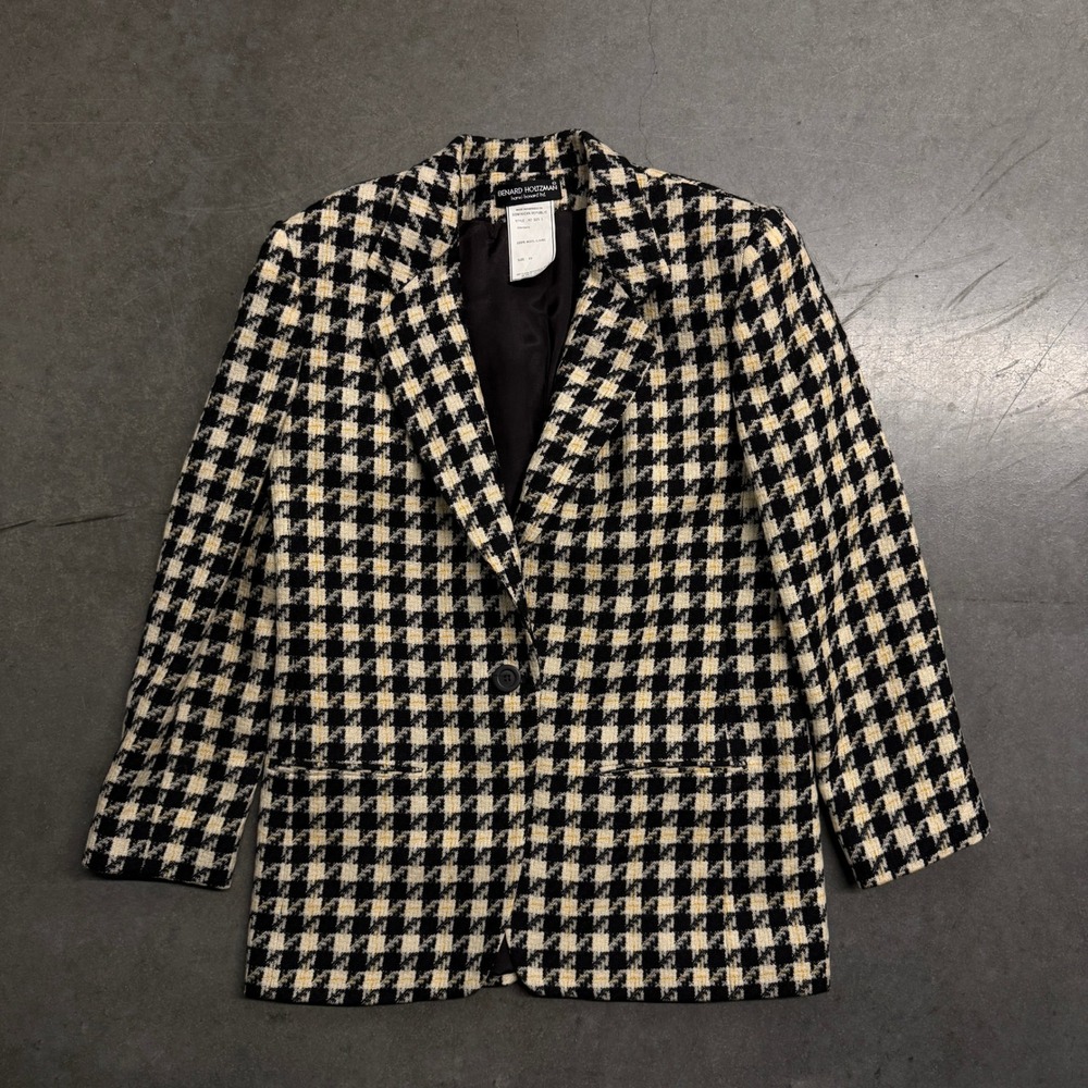 Benard Holtzman Harve Benard Wool Houndstooth Blazer Jacket Black Yellow 10